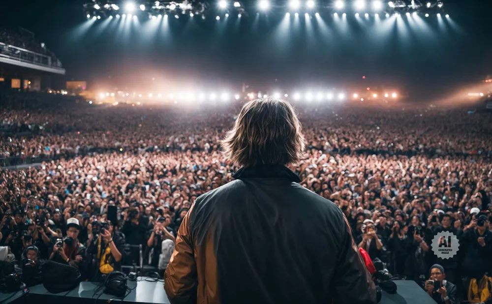 A performer facing a huge, cheering crowd at a concert, with bright stage lights overhead.