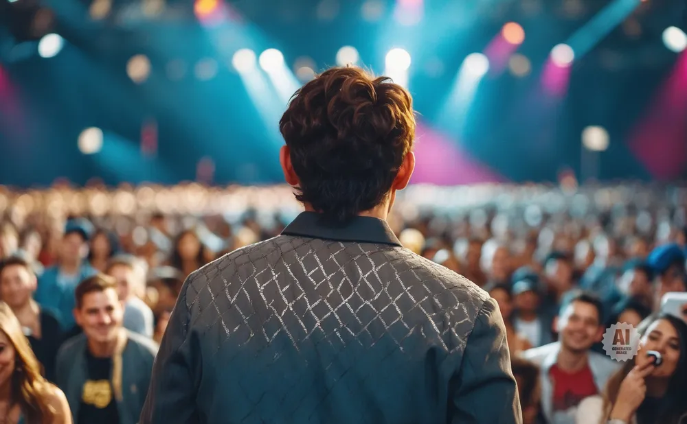 A man in a patterned jacket faces a cheering crowd with spotlights overhead.