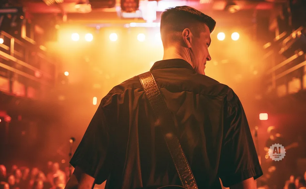 Guitarist in a black shirt on stage with bright orange lights and a blurred audience.