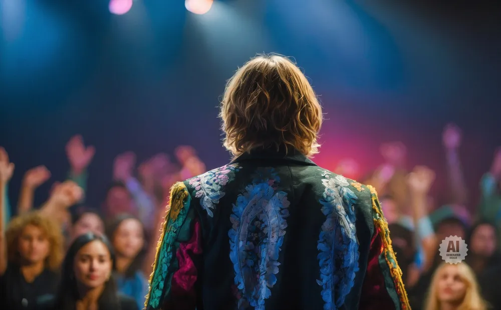 A performer in a richly decorated jacket stands before a cheering crowd, bathed in stage lights.