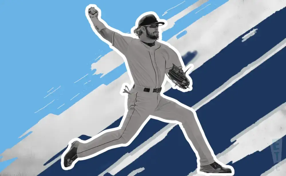 A baseball player in mid-pitch with a stylized blue and white background.