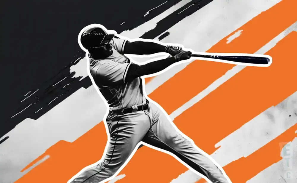 A baseball player swings a bat against a background of black, white, and orange stripes.