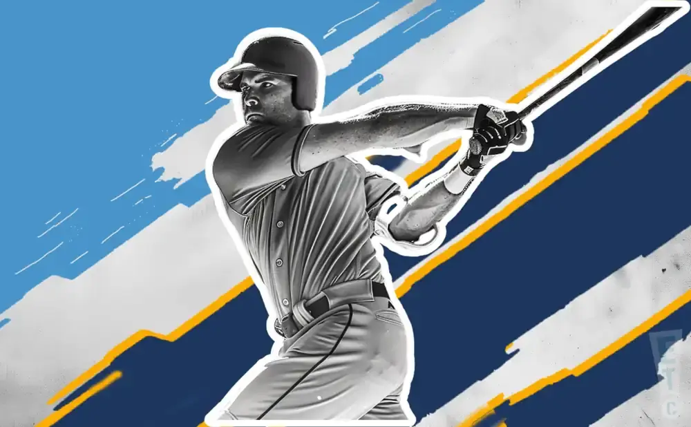 A black and white illustration of a baseball player in a batting stance against a blue, white, and yellow abstract background.