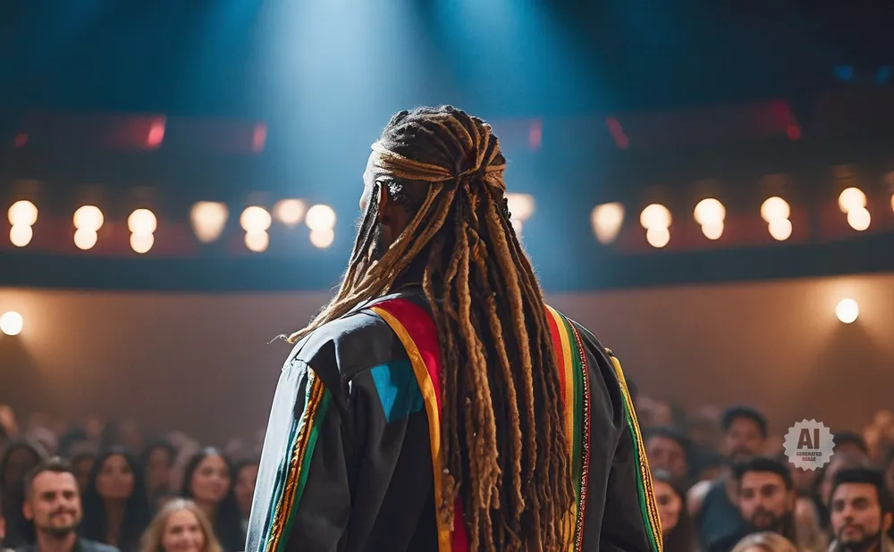 A man with long dreadlocks stands on a stage, facing away from the camera, with an audience and bright lights in the background.