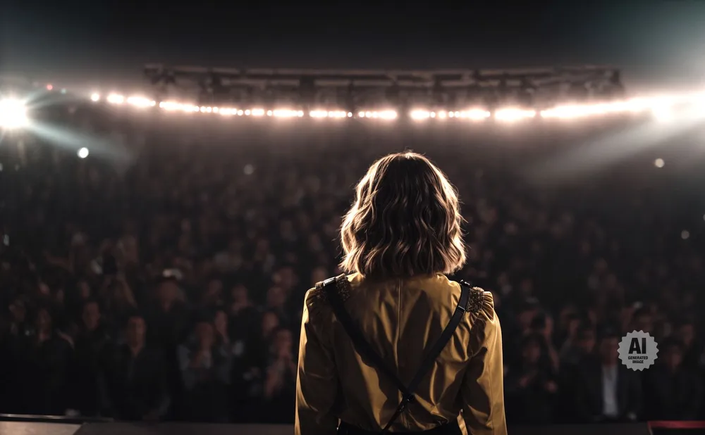 A person in a yellow jacket stands on a stage facing a large, dark audience with bright lights illuminating the background.