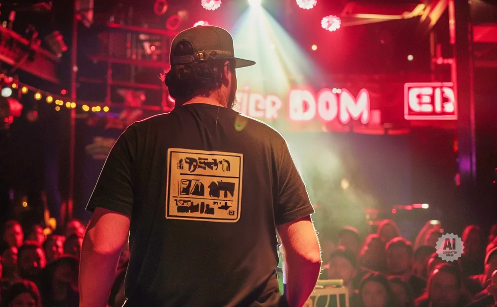 Man in black t-shirt with graphic on back faces away from camera, standing on stage with red lights and audience.
