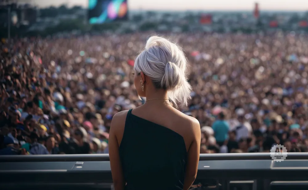 Woman with blonde hair in a bun faces away from the camera at a large outdoor concert with a crowd.