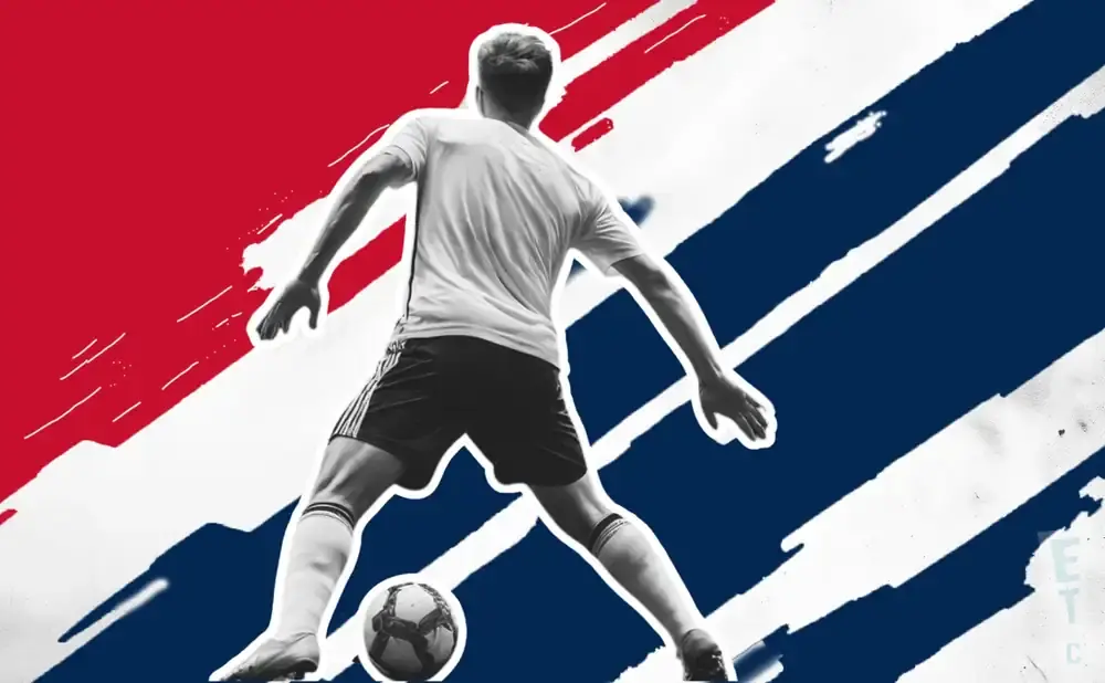 Soccer player in action, kicking a ball against a red, white, and blue abstract background.