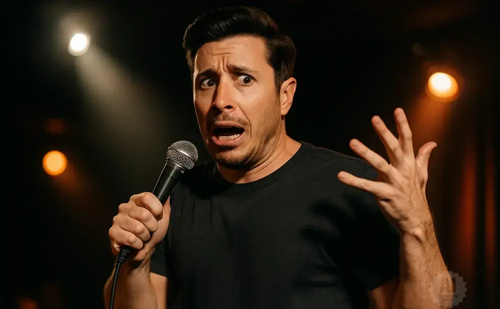 A man holding a microphone with a surprised expression and his hand gesturing.