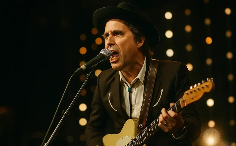 A man in a black hat and suit plays a cream-colored guitar and sings into a microphone on a stage with bokeh lights.