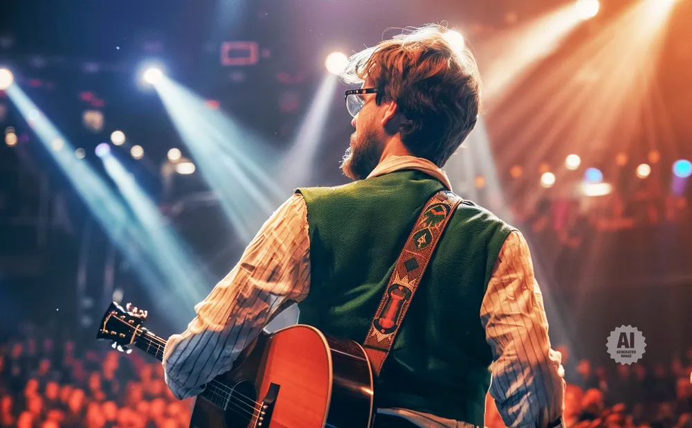 A guitarist plays on stage, illuminated by bright spotlights, with a blurred audience in the background.