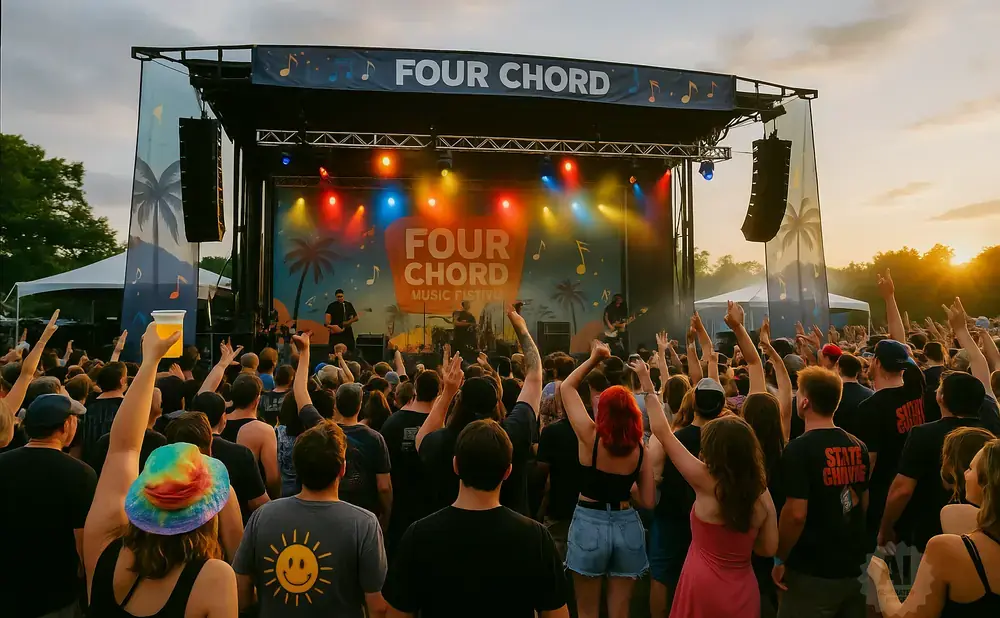 Crowd at an outdoor music festival with a band playing on stage under colorful lights and a sunset.