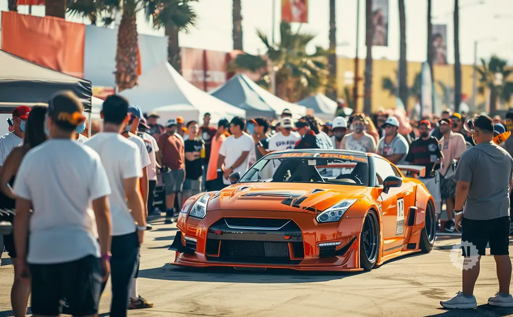 An orange Nissan GT-R sports car at an outdoor car show with a crowd of people in the background.