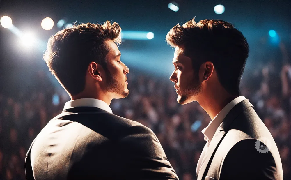 Two men in suits face each other on a stage with bright lights.