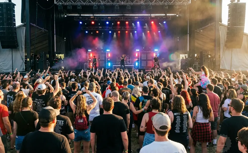 A band performs on a stage at an outdoor music festival to a large, cheering crowd.