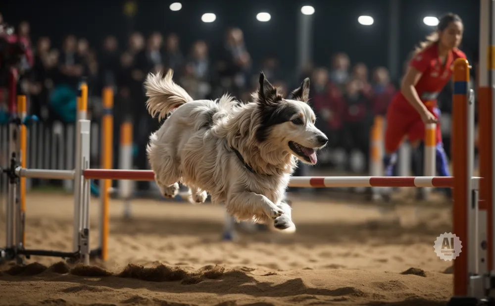 Dog jumping over a hurdle during an agility competition.