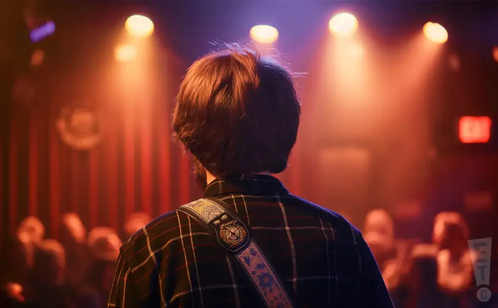 Person with reddish-brown hair wearing a plaid shirt and guitar strap, facing away from the camera on a dimly lit stage with red curtains.