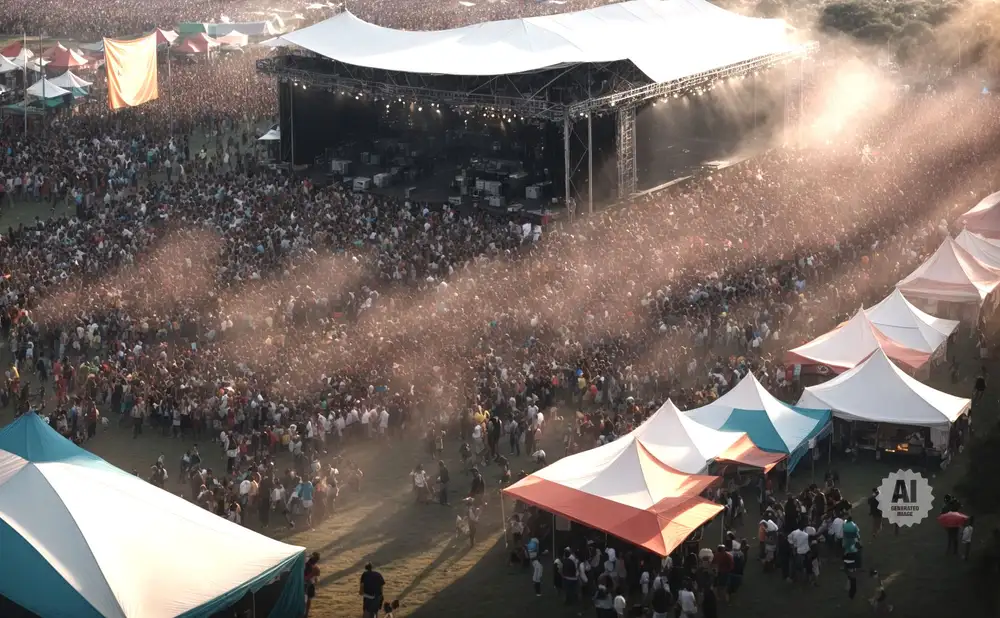 Aerial view of a large outdoor concert crowd with a stage and tents, bathed in sunlight and dust.