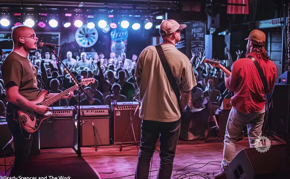 A band plays on stage to a cheering crowd.