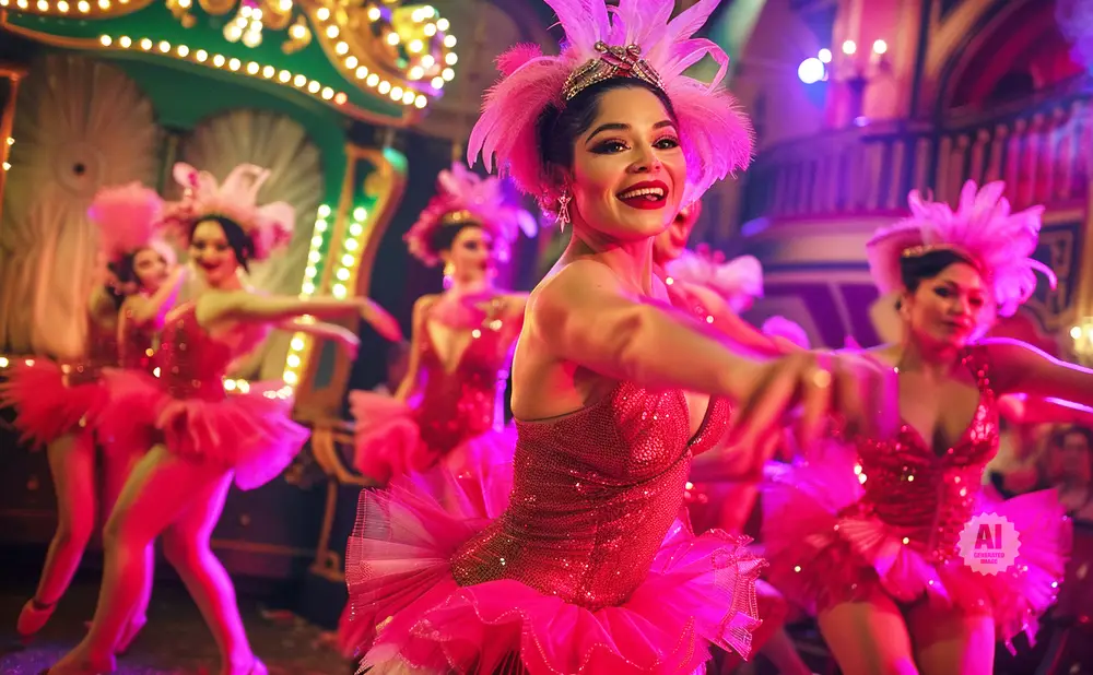 Dancers in sparkly red outfits and pink feather headdresses perform on a stage.