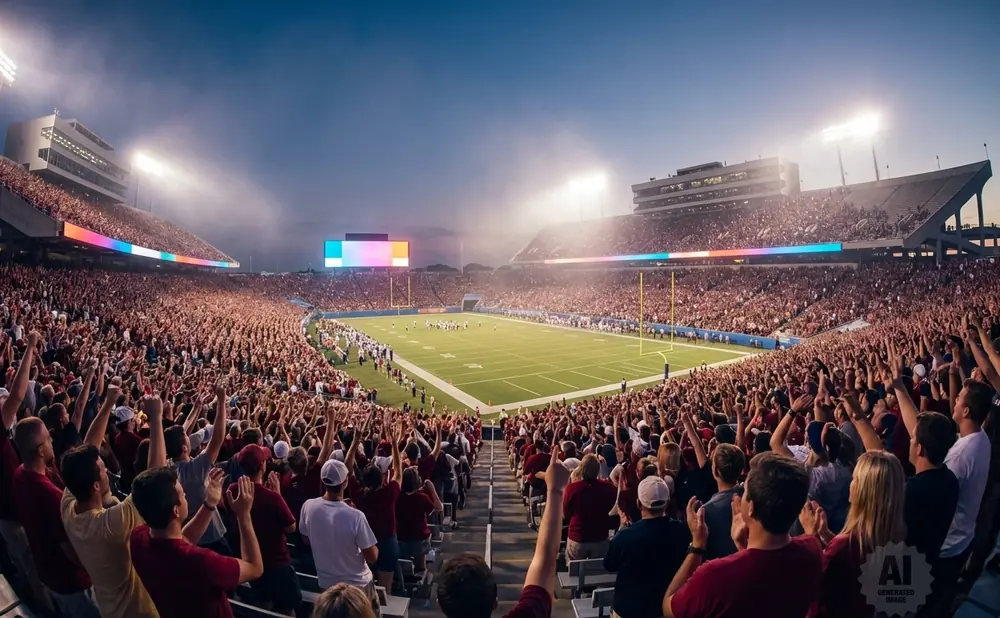 A panoramic view of a packed football stadium at dusk, with fans cheering.