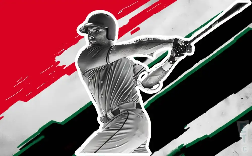 A baseball player in mid-swing with a red, green, and black abstract background.
