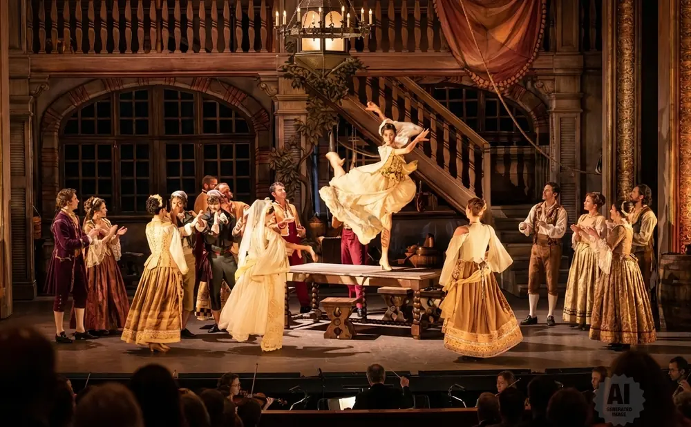 A ballet performance on stage with dancers in elaborate costumes and musicians in the background.