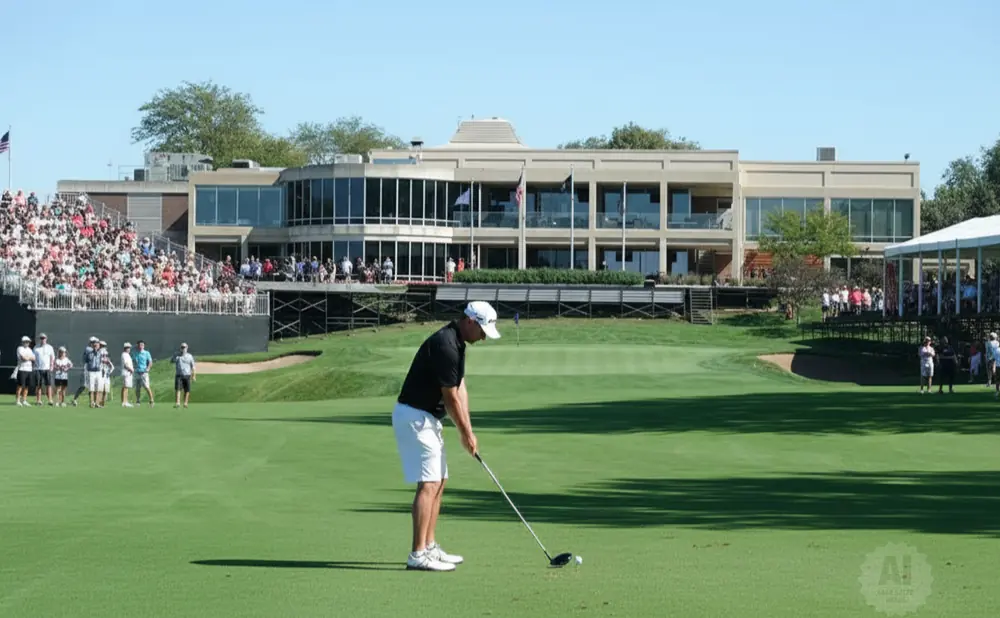 Golfer in black shirt and white shorts prepares to swing on a sunny golf course with a large building and crowd in the background.