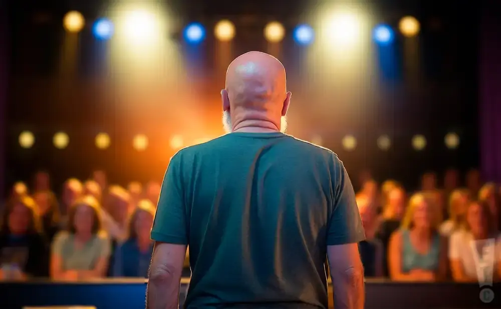 Bald man in green t-shirt faces a blurry audience on a stage with spotlights.