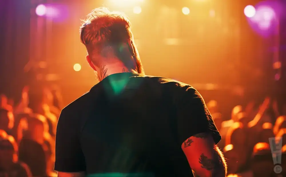 Back of man with tattoos on neck and arm on stage, lit by orange and purple lights, in front of a crowd.