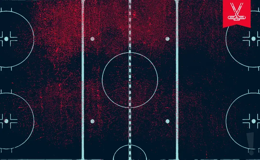 Hockey rink with red splatters and a red banner with crossed hockey sticks.