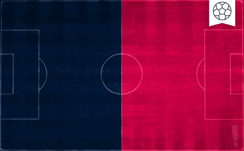 Soccer field split between blue and red halves, with a soccer ball icon in the top right corner.