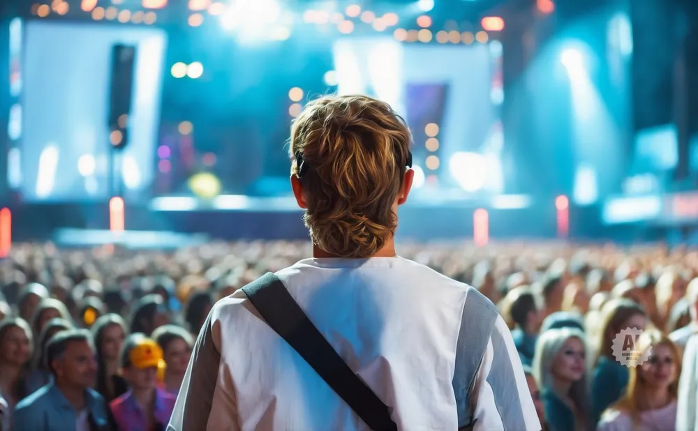 Man with headphones and a guitar strap on his shoulder facing a large concert crowd and stage.