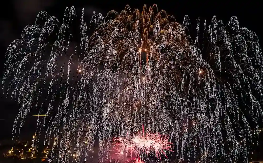 A vibrant firework display illuminates the night sky with cascading white and gold sparks.