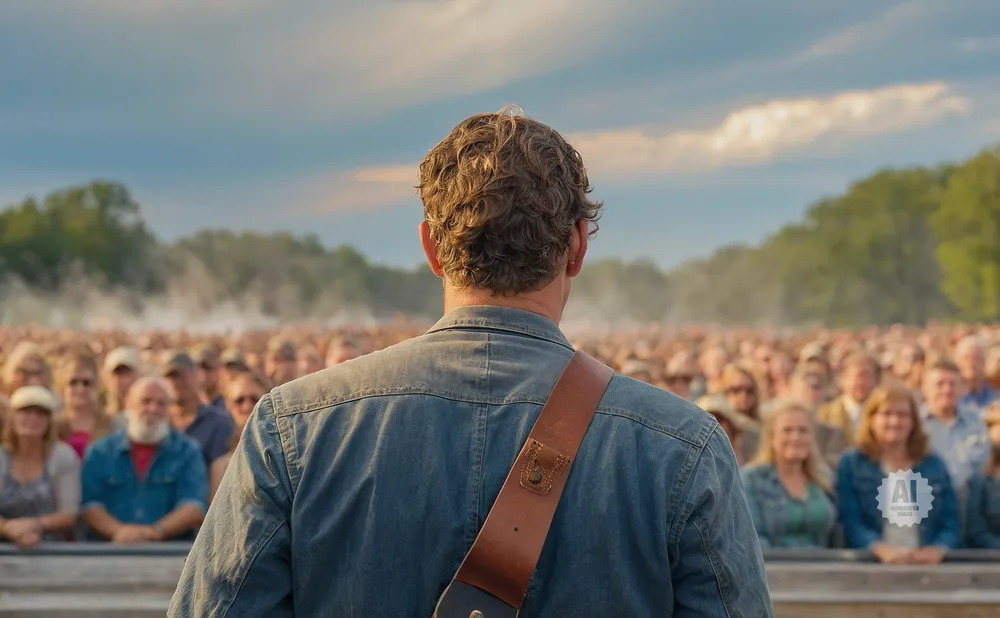 A musician with curly hair and denim shirt faces a large crowd at an outdoor concert.