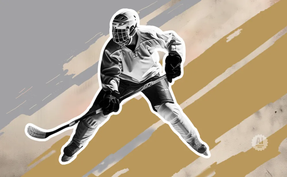 A hockey player in full gear skates with stick, set against a textured, abstract background.