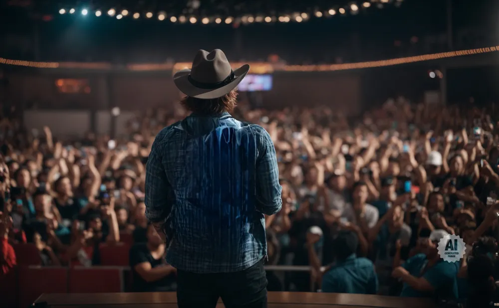A person in a cowboy hat and plaid shirt performs on stage for a cheering, blurred audience.
