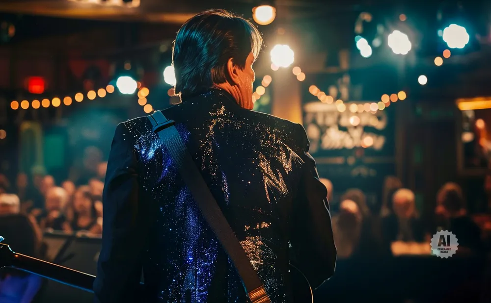 Man in a sparkly jacket playing guitar on stage, with audience in the background.