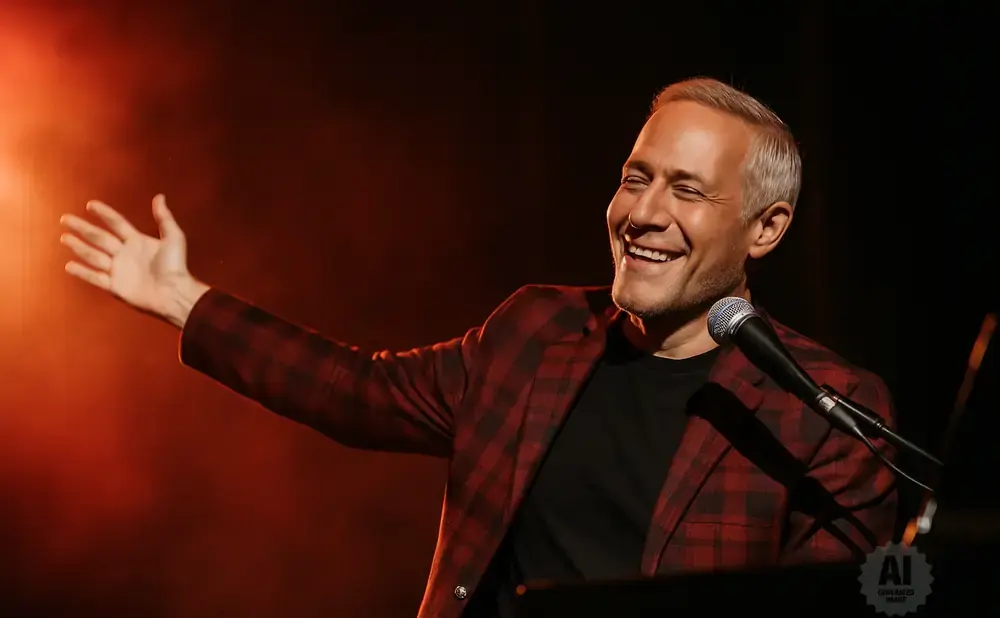 Man in a red plaid jacket laughs and gestures with his hand while singing into a microphone.