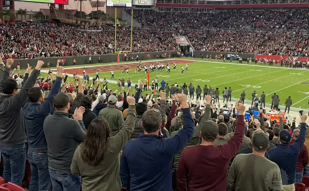 Fans cheer with raised fists at a football game in a packed stadium.