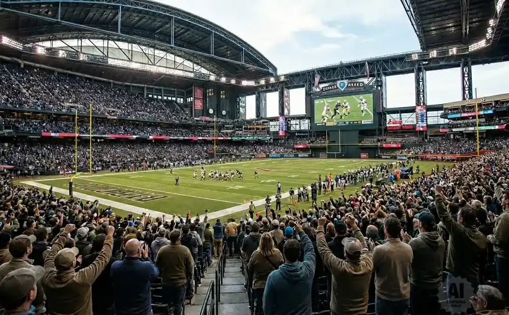 Spectators cheer during an American football game in a packed stadium.