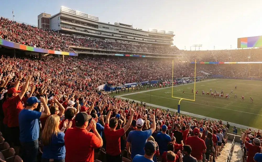 Fans cheer at a sun-drenched football stadium as players on the field prepare for a play.