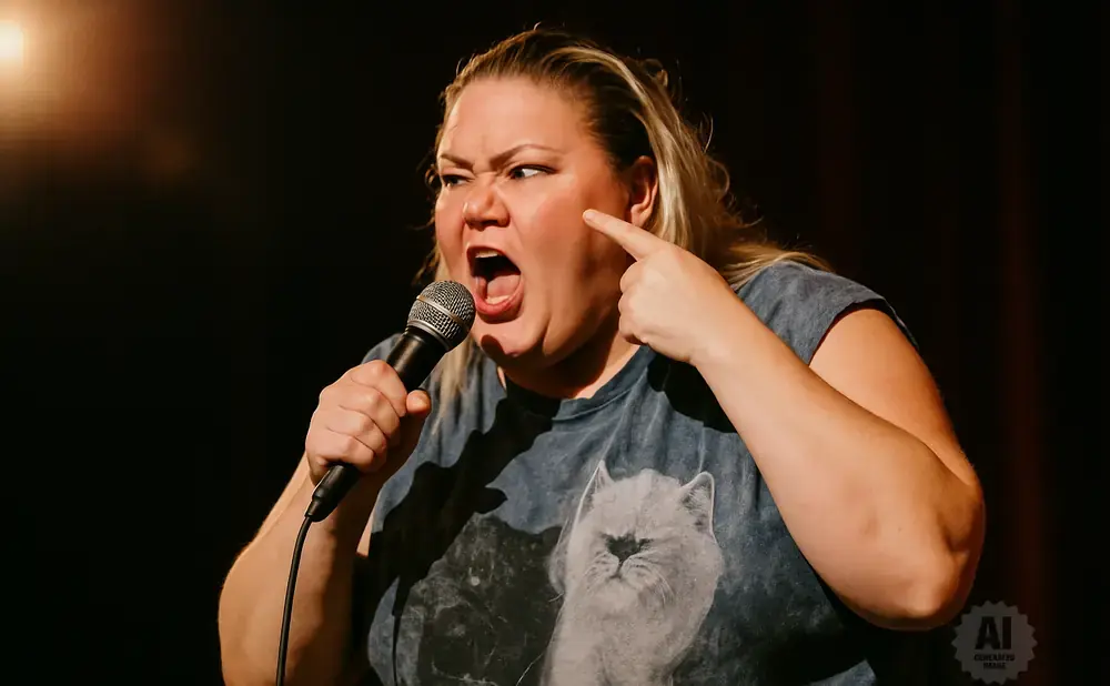 A woman with blonde hair on a stage, pointing at her cheek while holding a microphone.