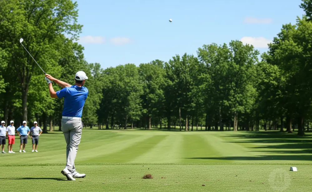 Golfer in blue shirt and grey pants swings at a golf ball on a sunny day.