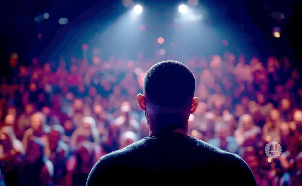 Back of a man's head, facing a blurry audience under bright stage lights.