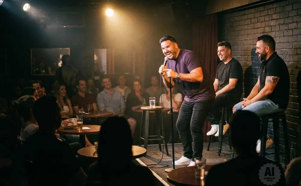A comedian performs on stage in front of a laughing audience.