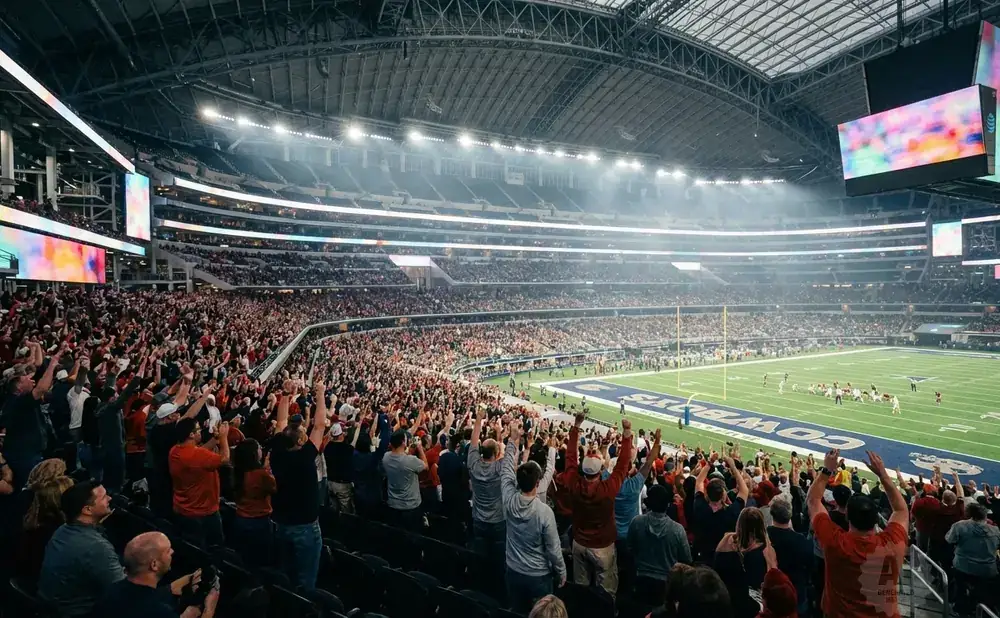 Fans cheer at a football game in a packed stadium with large screens displaying colorful graphics.