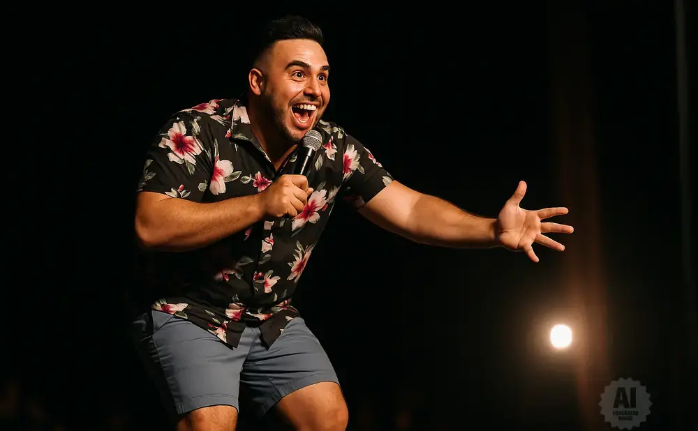 A man in a floral shirt and shorts performs on stage, holding a microphone and gesturing with his free hand.