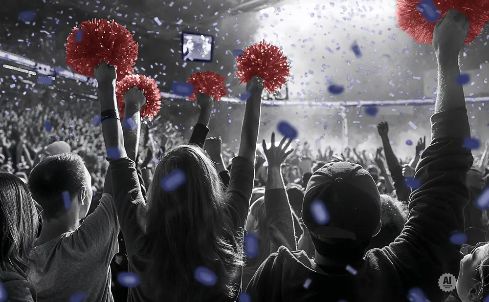 Crowd cheering with red pom-poms and confetti.