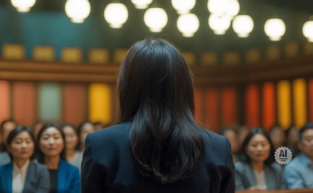 Back view of a woman in a suit speaking to an audience in a courtroom.